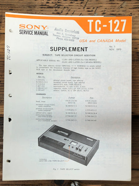 Sony TC-127 Cassette Sup. Service Manual *Original*