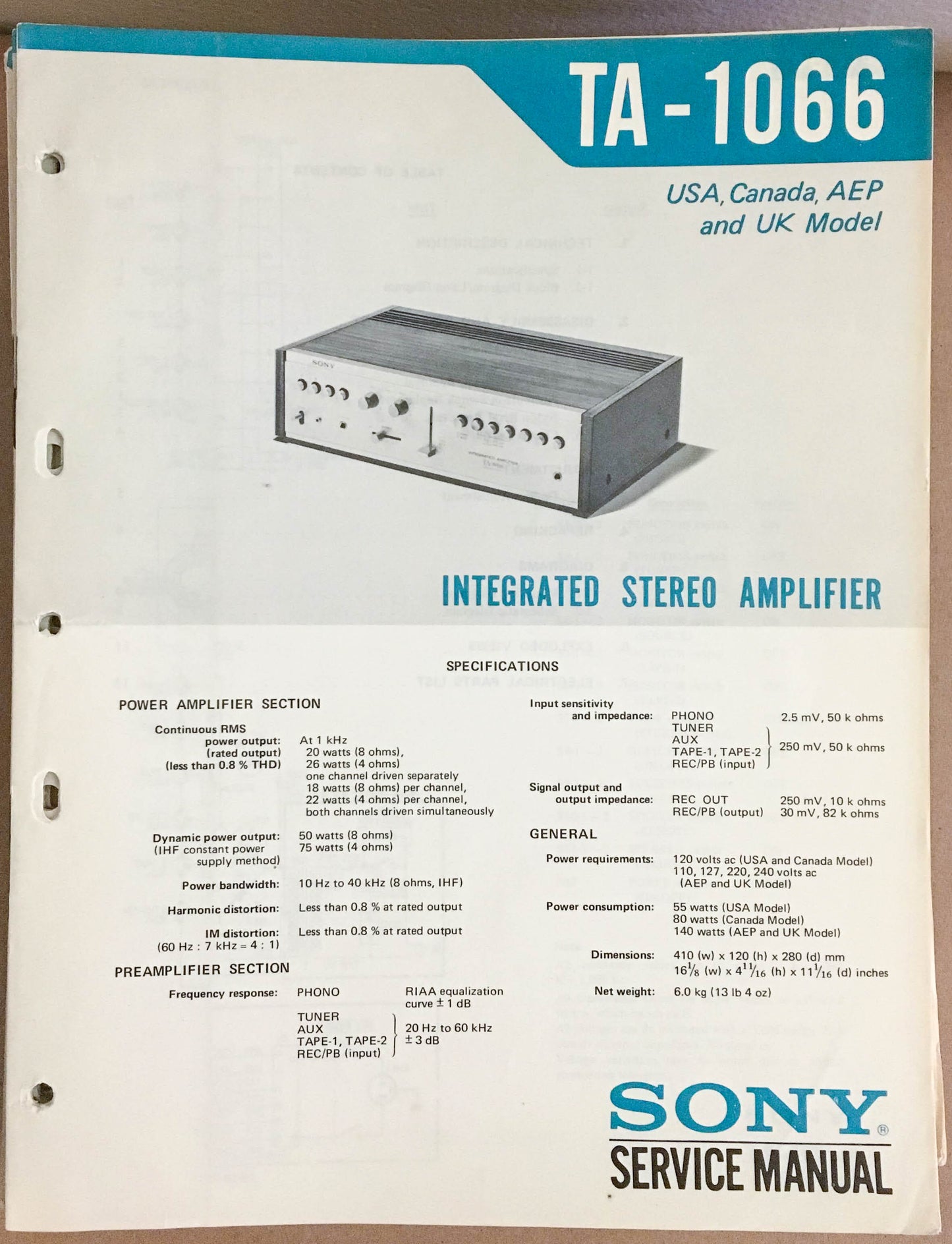 Sony TA-1066 Amplifier  Service Manual *Original*