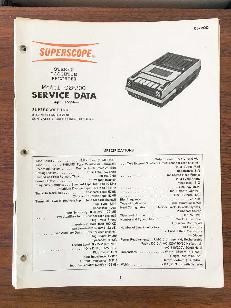 Superscope CS-200 Cassette Recorder Service Manual *Original*