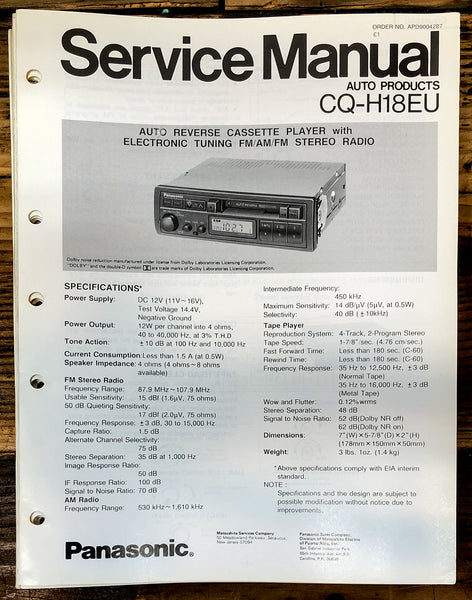 Panasonic CQ-H18EU Car Stereo  Service Manual *Original*