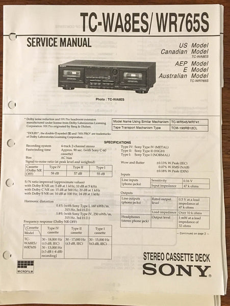 Sony TC-WA8ES TC-WR765S Tape Cassette Service Manual *Original*