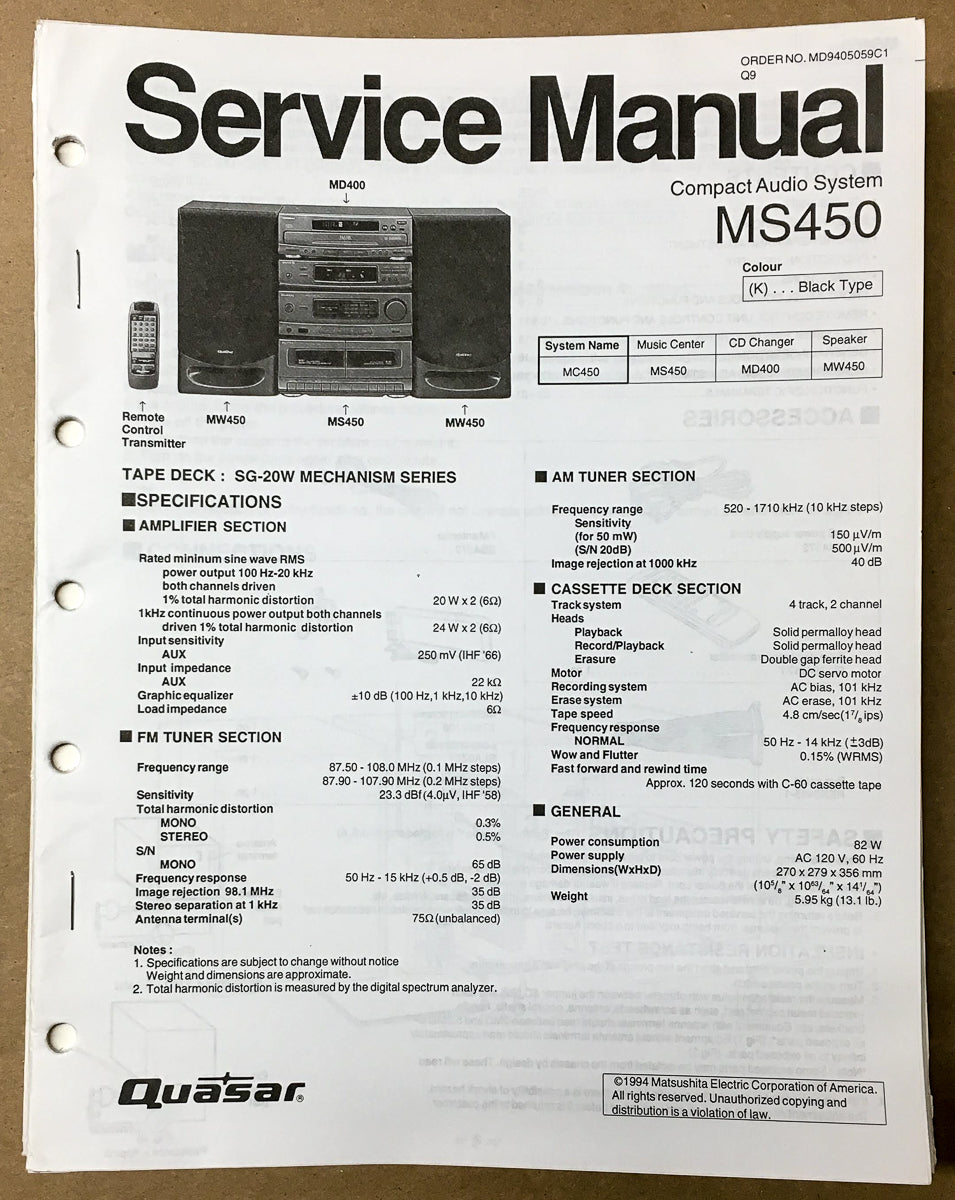 Quasar / Technics MS450MS-450 Quasar / Technics Service Manual *Original*