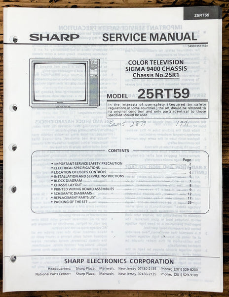Sharp 25RT59 TV / Television Service Manual *Original*