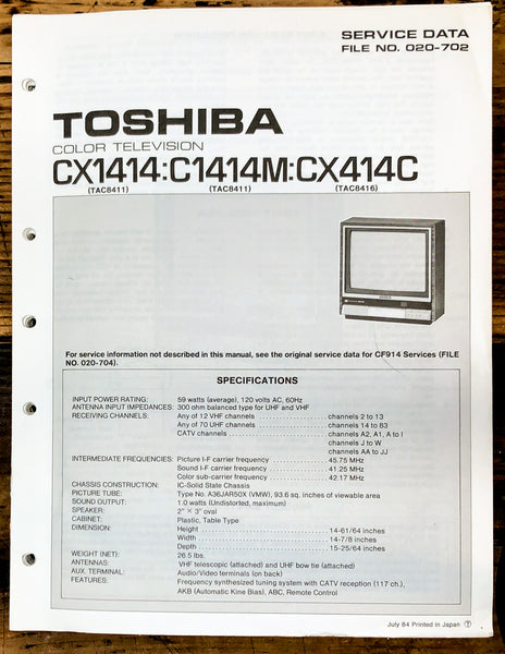 Toshiba CX1414 CX1414M CX414C TV Television Service Manual *Original*