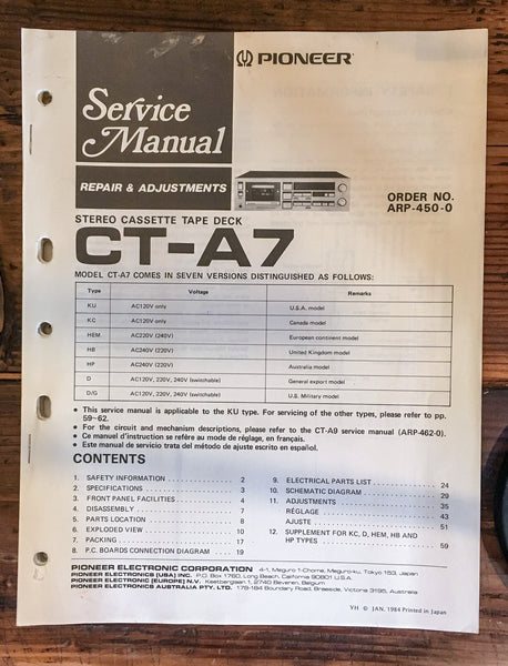 Pioneer CT-A7 Cassette Service Manual *Original*