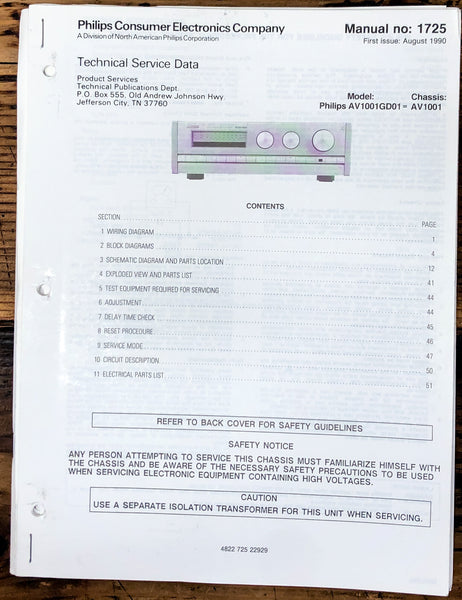 Philips / Marantz AV1001 AV-1001 Amplifier Service Manual *Original*