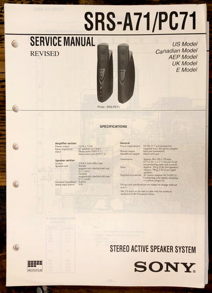 Sony SRS-A71 -PC71 Speaker  Service Manual *Original*