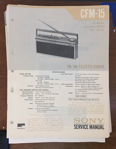 Sony CFM-15 Radio Cassette Recorder Service Manual Supplement *Original*