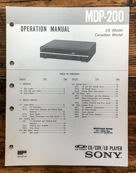 Sony MDP-200 CD CDV LD Player  Operation Manual *Original*