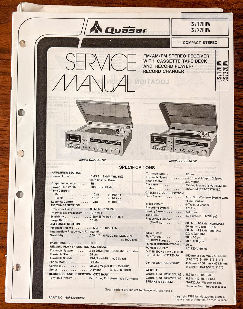 Quasar CS7120UW CS7220UW Stereo Service Manual *Original*