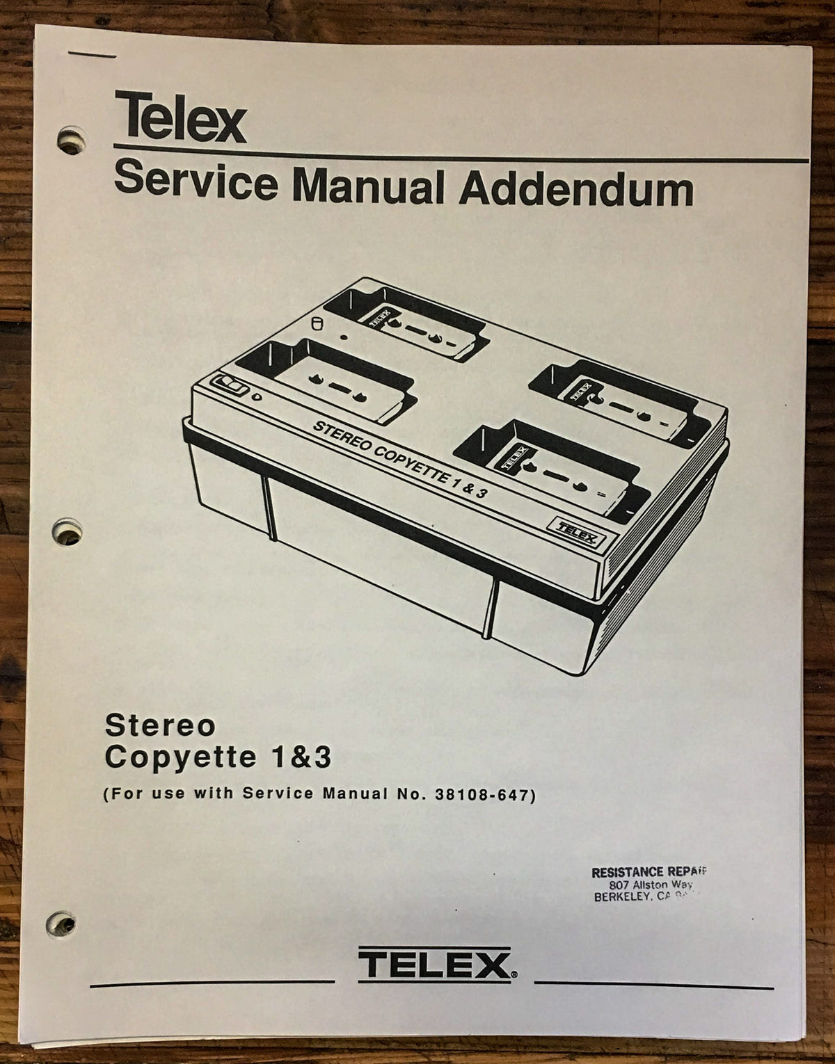 Telex Copyette Stereo 44564 Cassette Copier  Service Manual *Original*