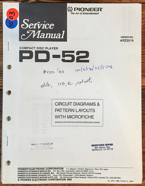 Pioneer PD-52 CD Player  Service Manual *Original*