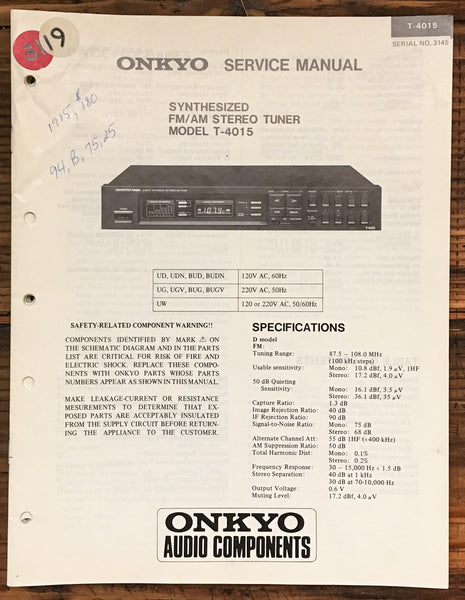 Onkyo T-4015 Tuner  Service Manual *Original*