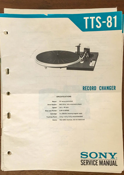 Sony TTS-81 Record Player / Turntable  Service Manual *Original*
