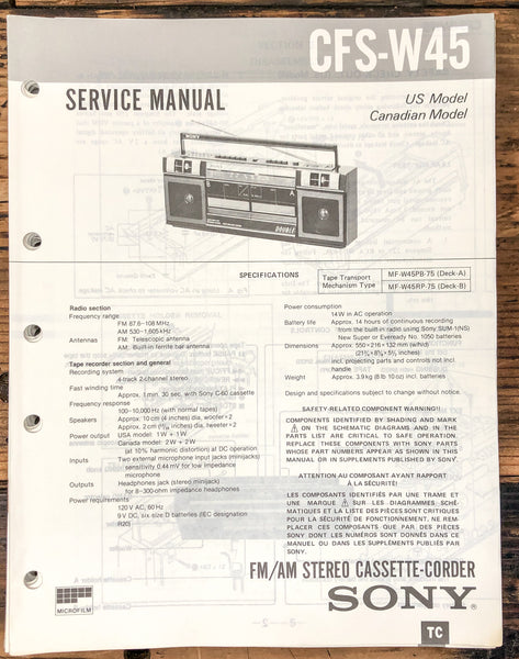 Sony CFS-W45 Radio / Boombox  Service Manual *Original*