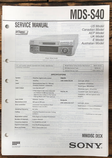 Sony MDS-S40 MD Minidisc Deck  Service Manual *Original*