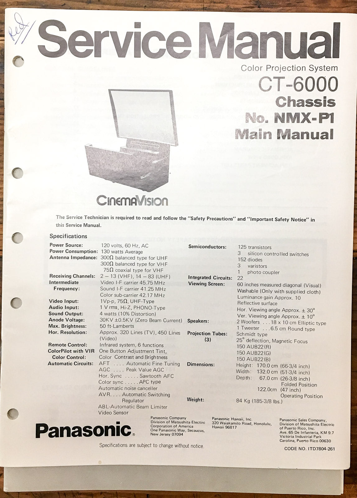 Panasonic CT-6000 Cinema Vision  Service Manual *Original*