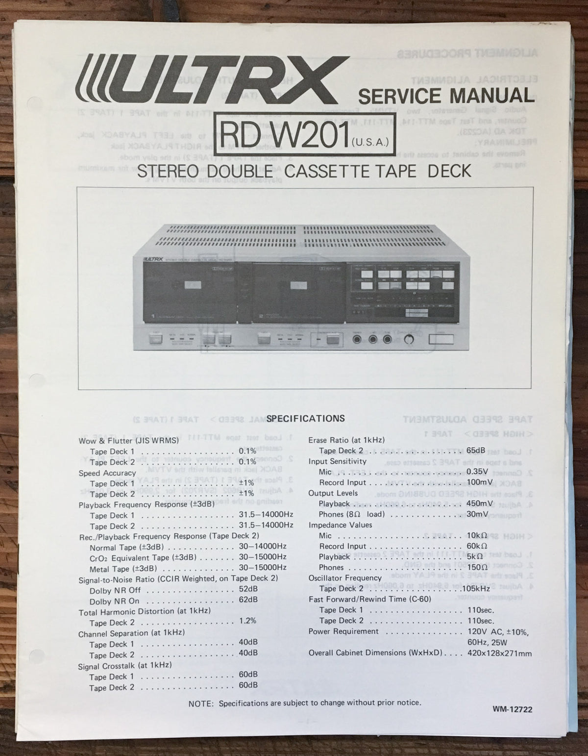 Sanyo / Ultrx RD W201 Cassette  Service Manual *Original*