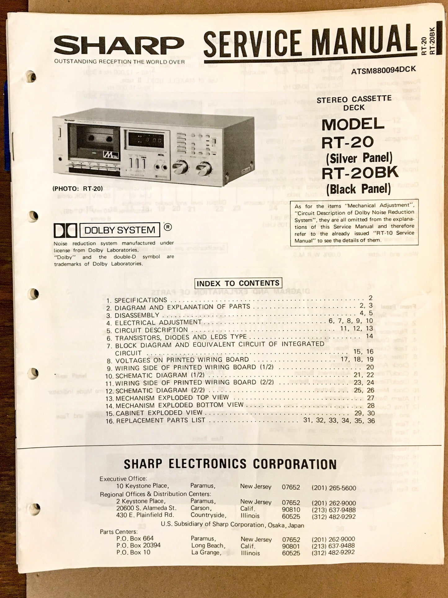 Sharp RT-20 Cassette Deck  Service Manual *Original*
