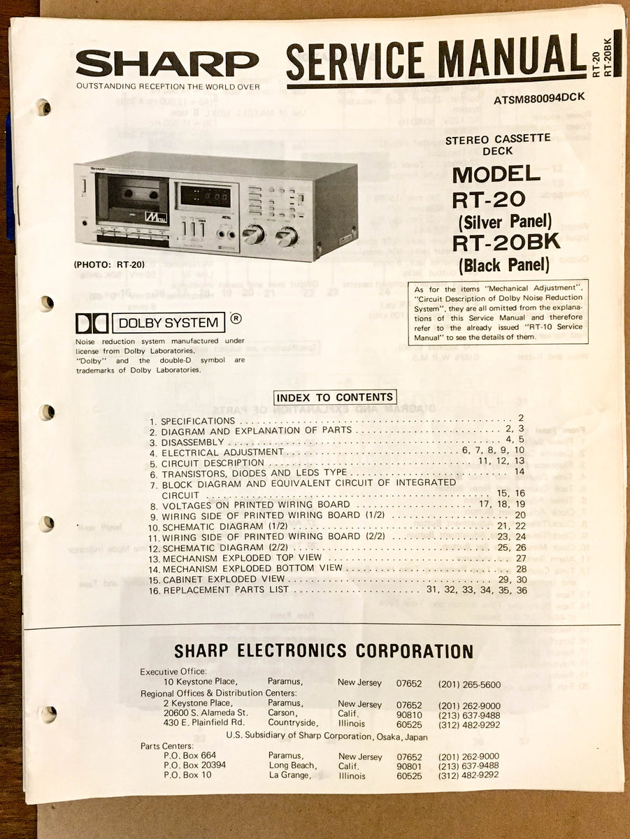 Sharp RT-20 Cassette Deck Service Manual *Original* – Vintage Audio ...