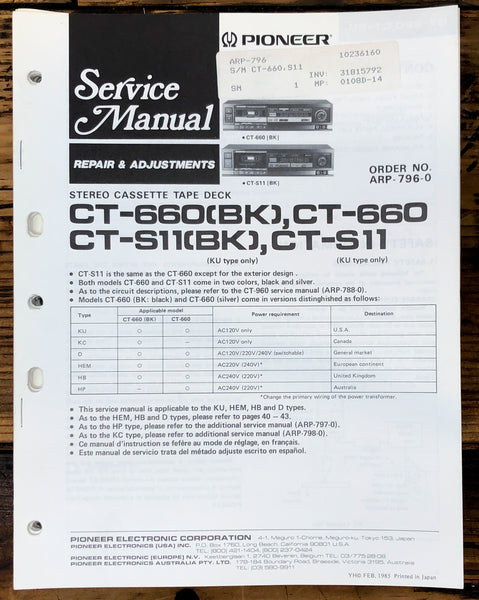 Pioneer CT-S11 CT-660 Cassette Service Manual *Original*