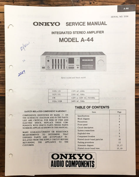 Onkyo A-44 Amplifier  Service Manual *Original*