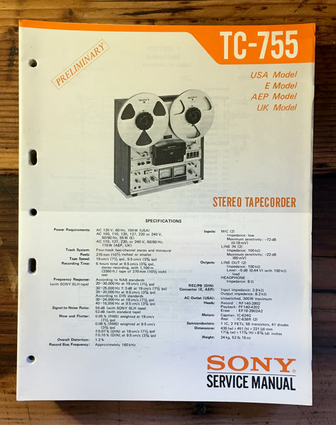 Sony TC-755 Reel to Reel Prelim. Service Manual *Original*