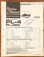 Pioneer PL-4 PL-320 Turntable / Record Player  Service Manual *Original*