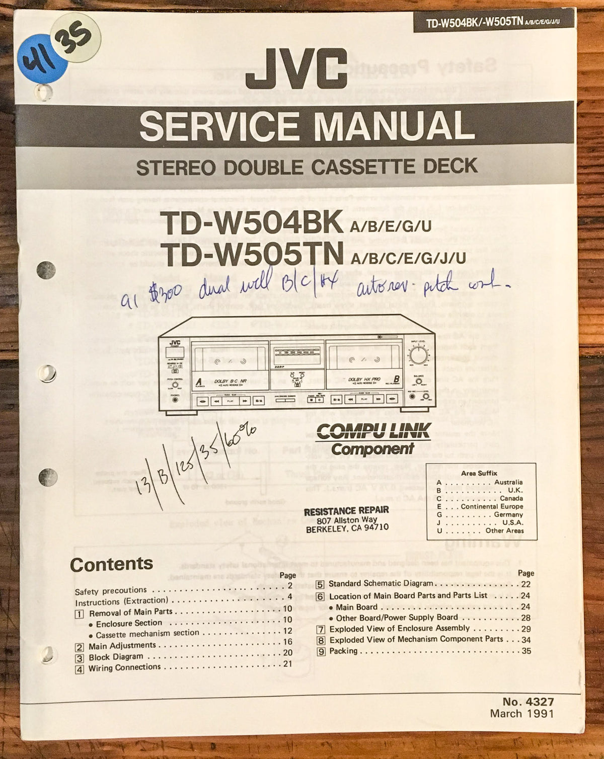 JVC TD-W504BK TD-W505TN Cassette Deck  Service Manual *Original*