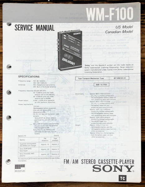 Sony WM-F100 Radio Cassette  Service Manual *Original*