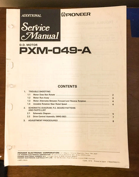 Pioneer PXM-049-A Direct Drive Motor Service Manual *Original*