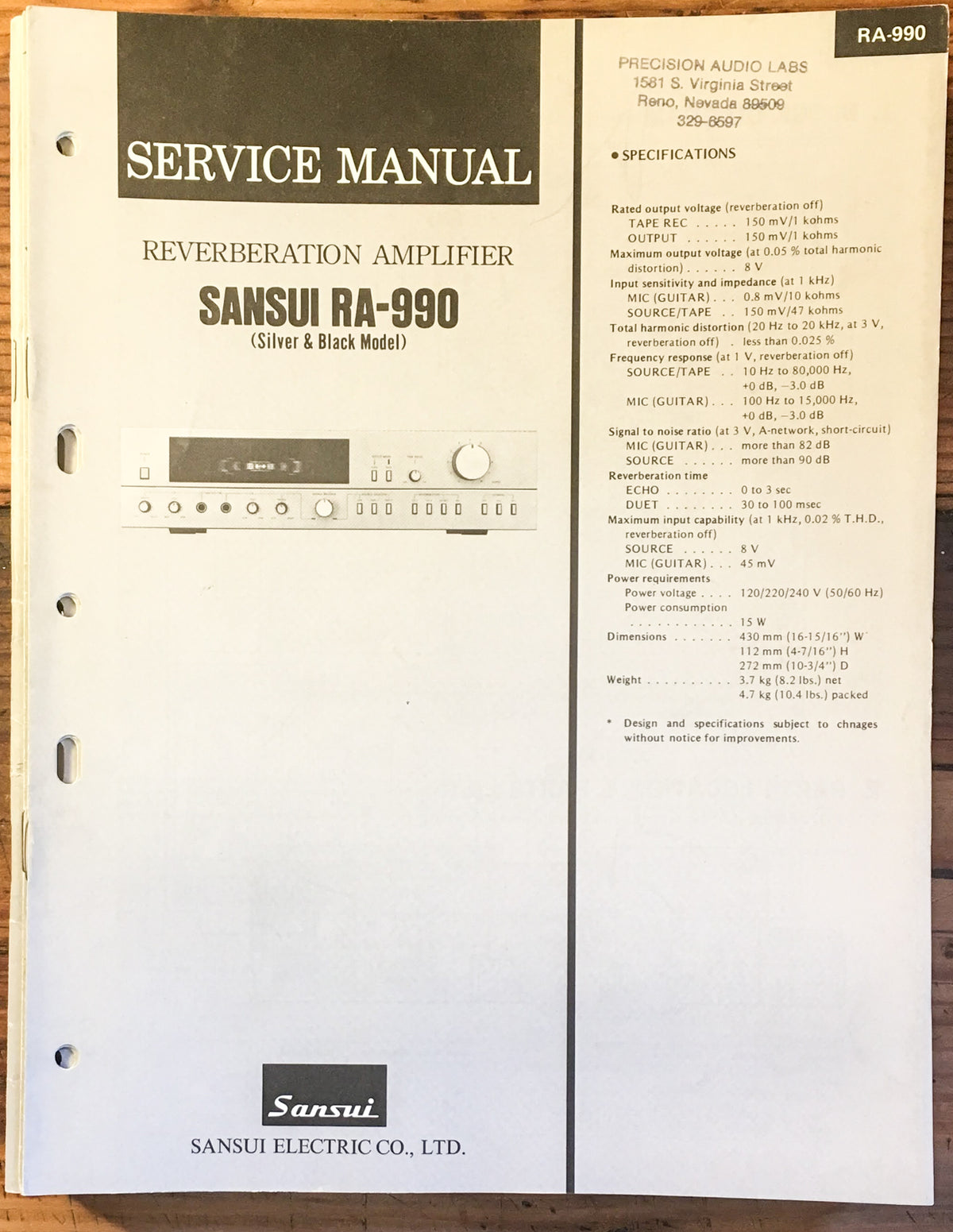 Sansui RA-990 Amplifier Service Manual *Original*