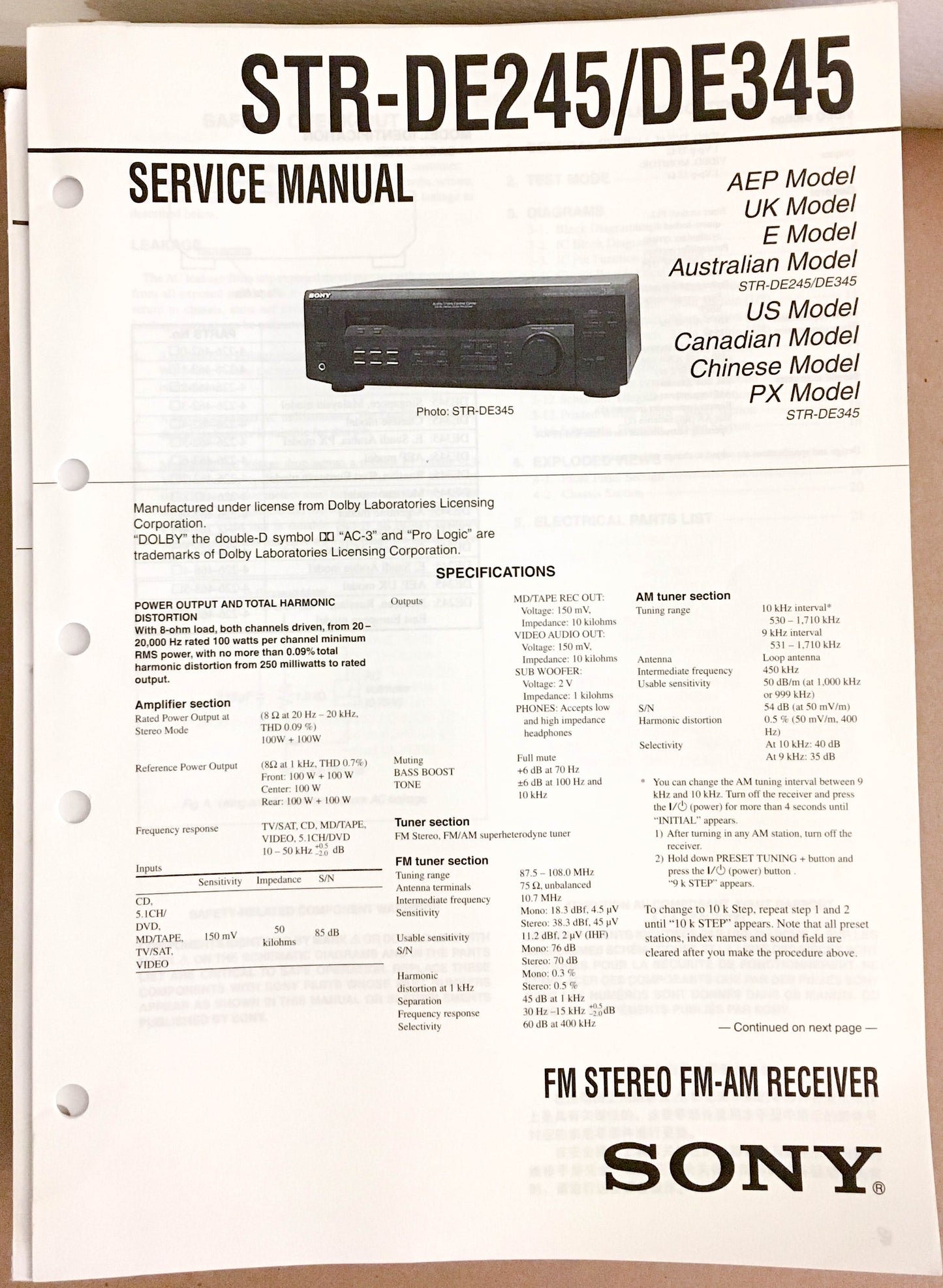 Sony STR-DE245 DE345 Receiver  Service Manual *Original*