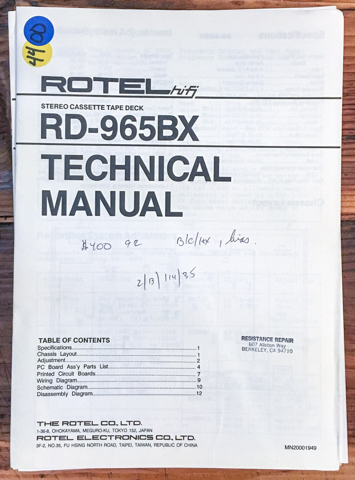 Rotel RD-965BX Cassette Deck  Service Manual *Original* #2