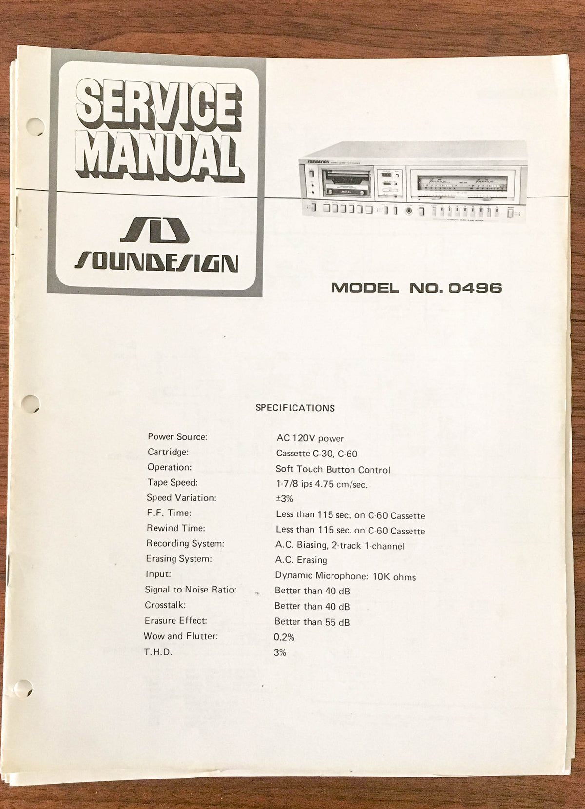 SoundDesign Sound Design Model 496 0496  Service Manual *Original*
