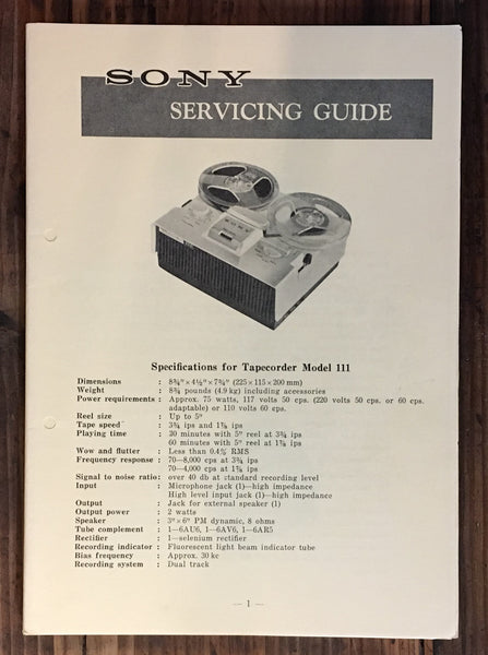 Sony Model 111 Tape Recorder Service Manual *Original*