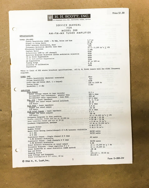 H.H. Scott Model 388 Receiver Service Bulletin *Original*