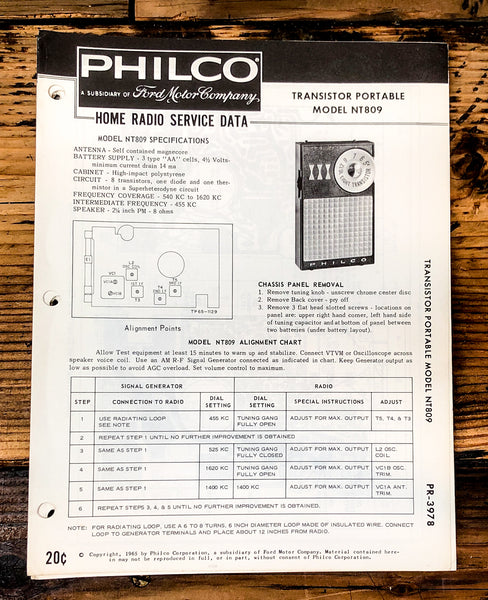 Philco Ford NT-809 NT809 Radio Service Manual *Original*