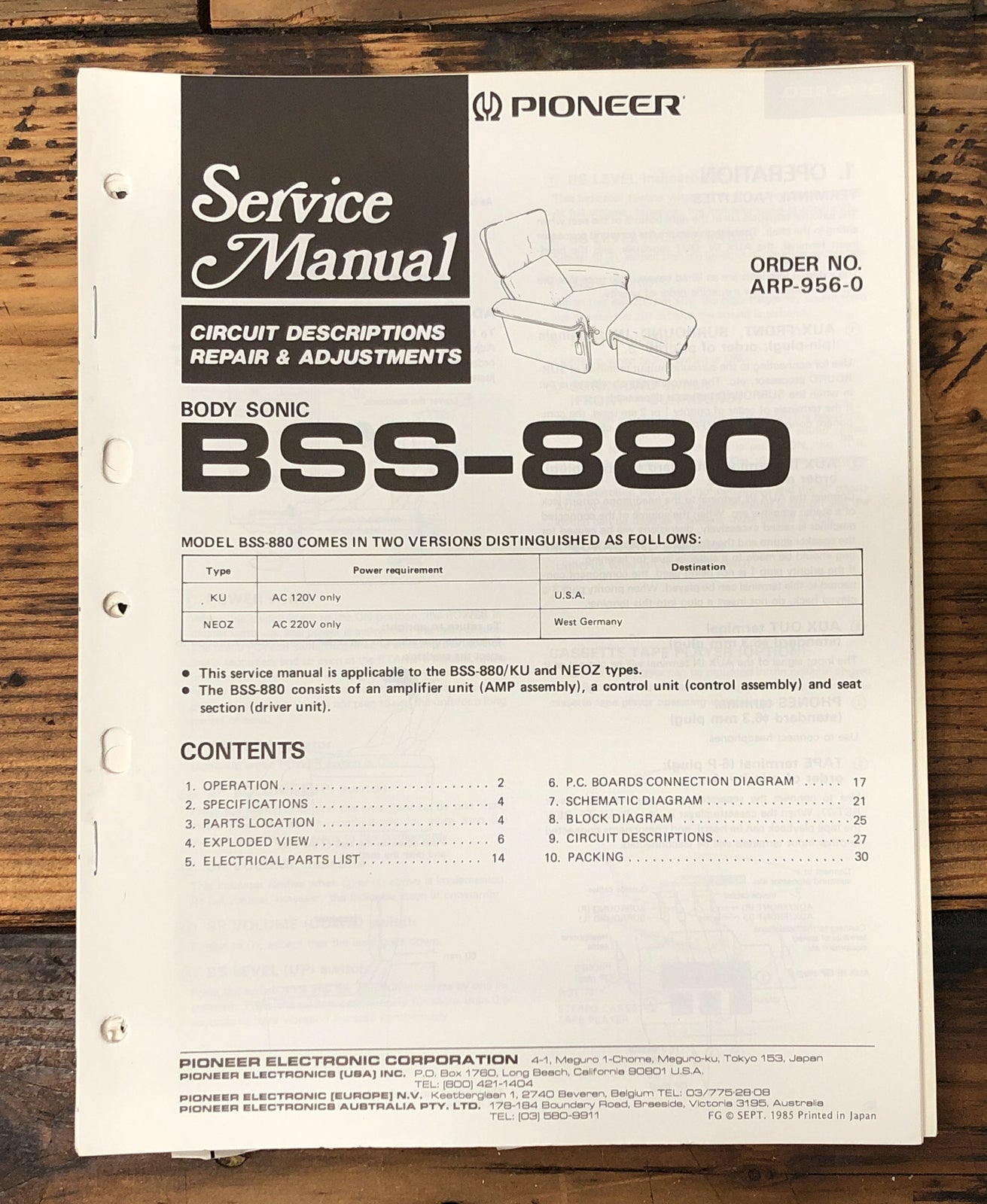 Pioneer BSS-880 Body Sonic  Service Manual *Original*