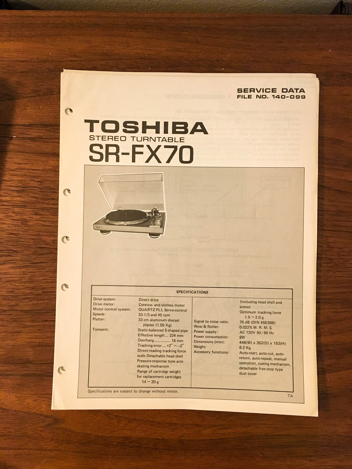 Toshiba SR-FX70 Record Player / Turntable Service Manual *Original*