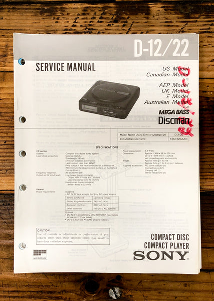 Sony D-12 D-22 CD Player / Discman  Service Manual *Original*