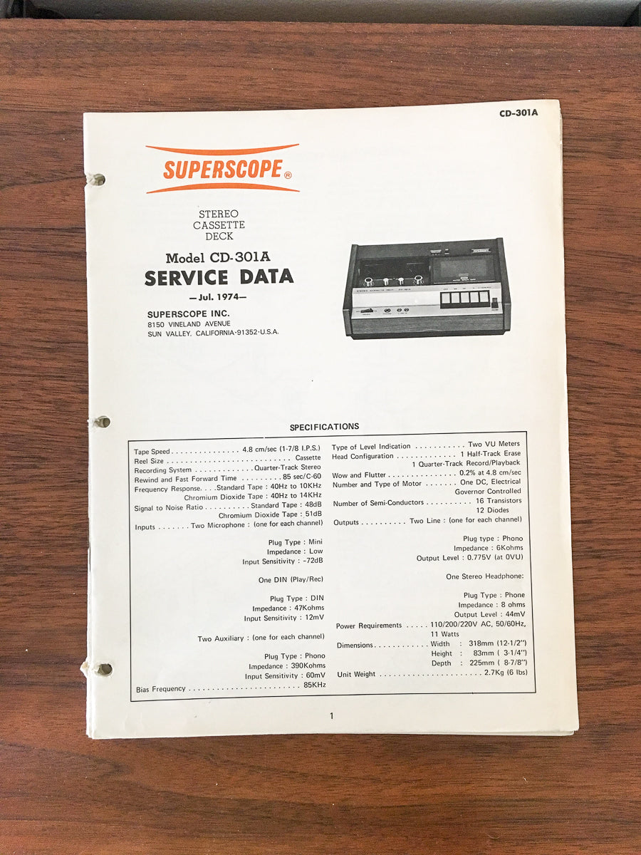 Superscope CD-301A Cassette / Tape Player Service Manual *Original*