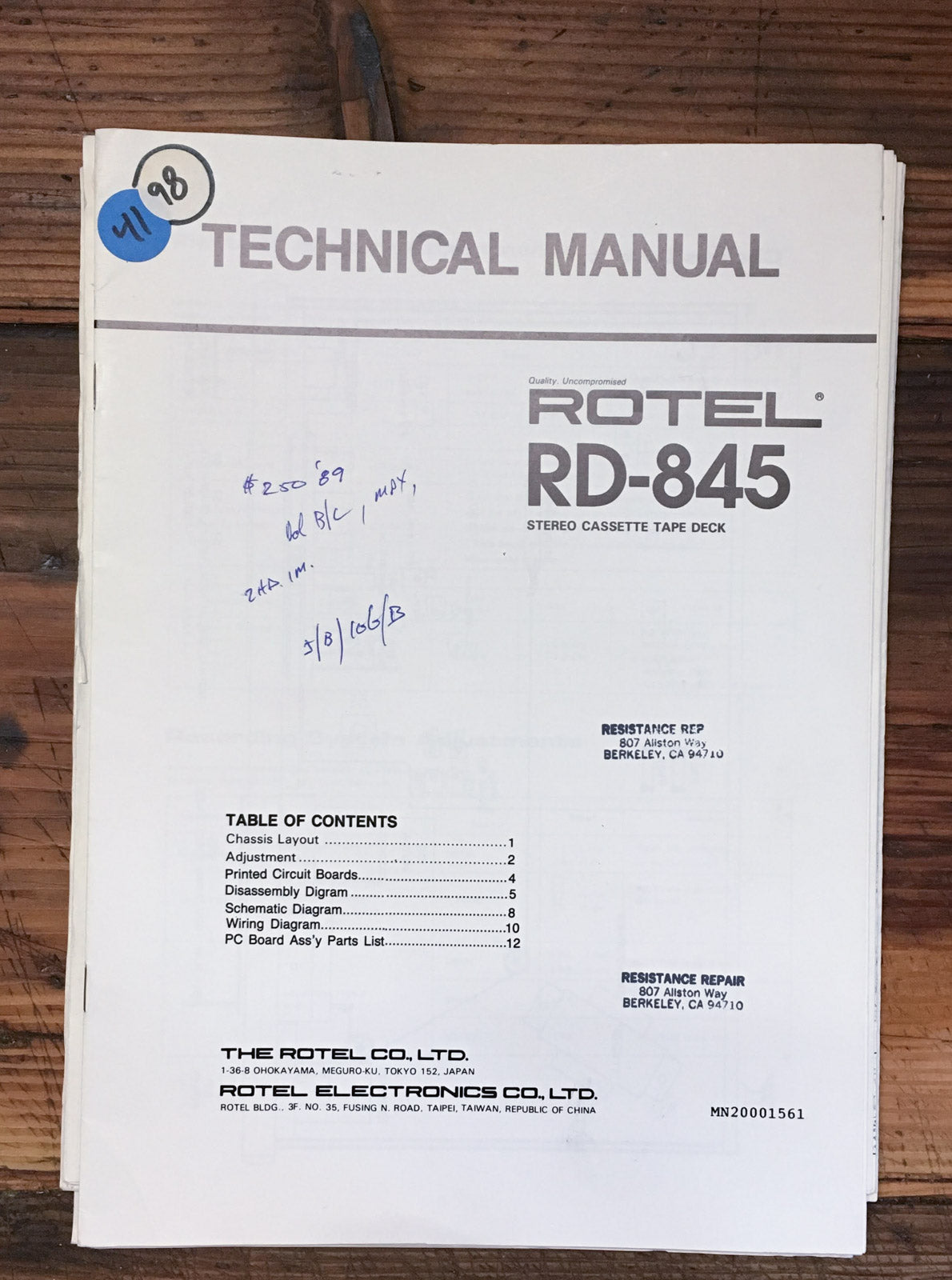 Rotel RD-845 Cassette Deck  Service Manual *Original*