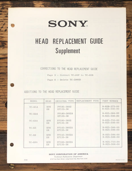 Sony Head Replacment Guide Tape TC- CF- Supp. Service Manual *Original*