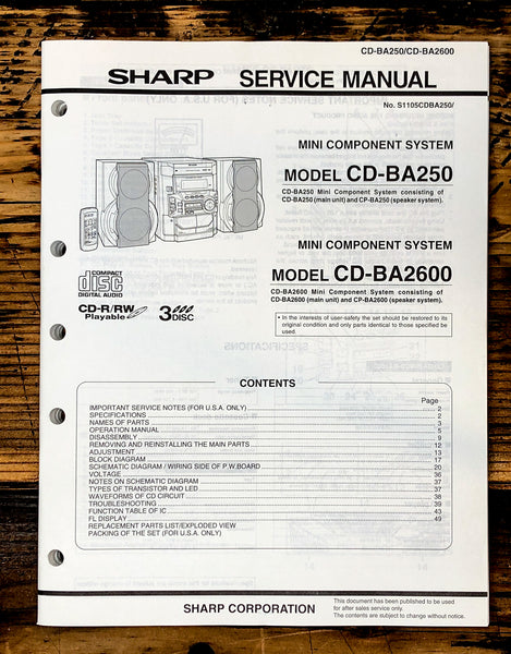 Sharp CD-BA250 CD-BA2600 Stereo Service Manual *Original*