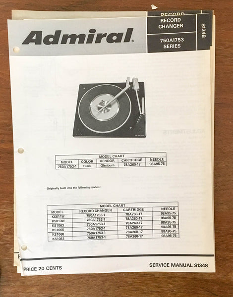 Admiral 750A1753 Record Player / Turntable  Service Manual *Original*
