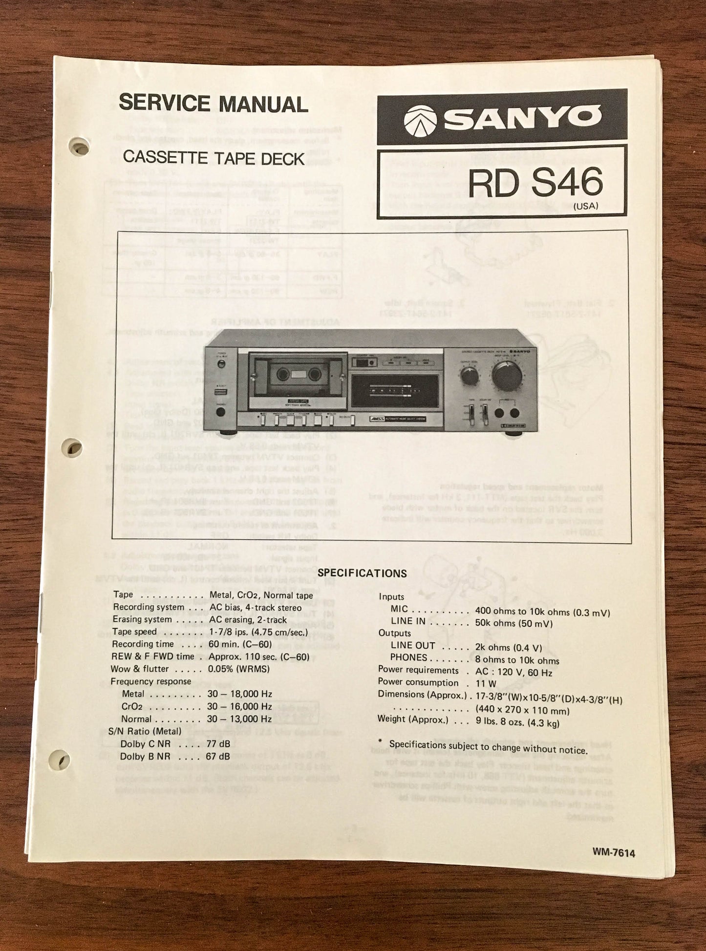 Sanyo RD S46 Cassette Deck Service Manual *Original*
