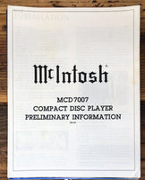 Mcintosh MCD-7007 CD Player Prelim. Owners / User Manual *Original*