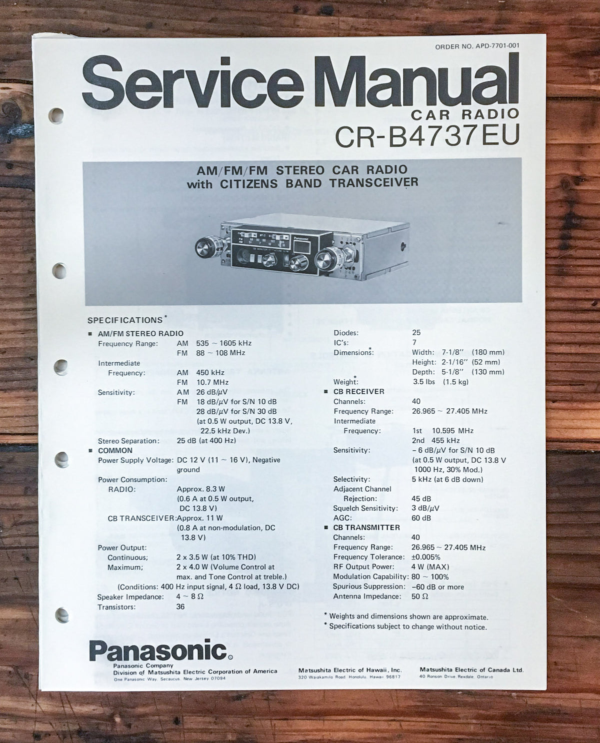 Panasonic CR-B4737 EU Radio  Service Manual *Original*