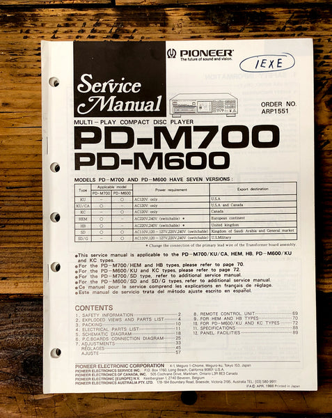 Pioneer PD-M600 PD-M700 CD Player Service Manual *Original* #1